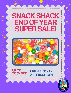 Snack Shack End of Year Sale. Up to 50% off all items. Friday, December 19 at 2:23 pm (Hiawatha Gate)